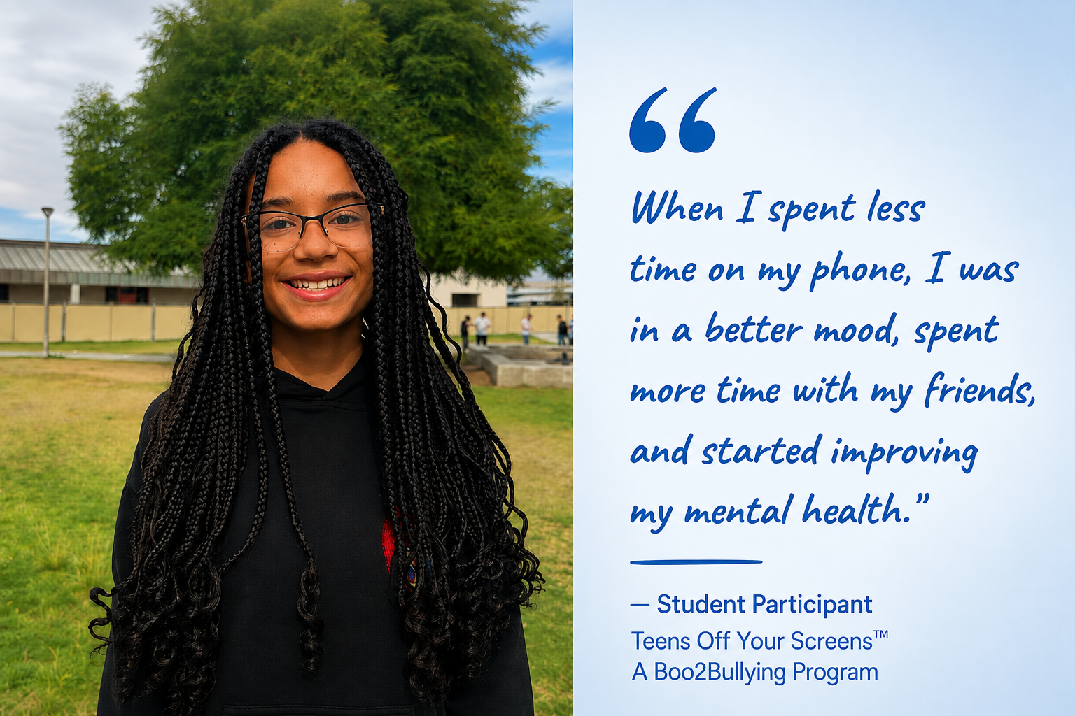 Teenager smiling and putting down phone, embracing digital wellness